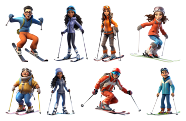 PNG Animated skiers enjoying winter sports, element set on transparent background
