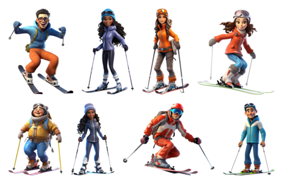 PNG Animated skiers enjoying winter sports, element set on transparent background - Powered by Adobe