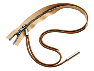 Beige clothing zipper with a metal slider and a brown cord pull on a transparent background