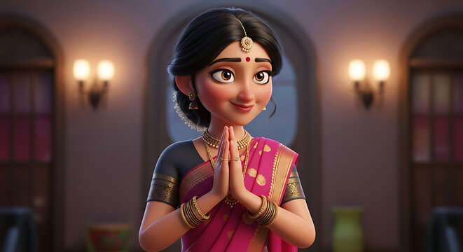 Animated Indian woman with hands in prayer position, wearing traditional clothing and jewelry, smiling warmly.