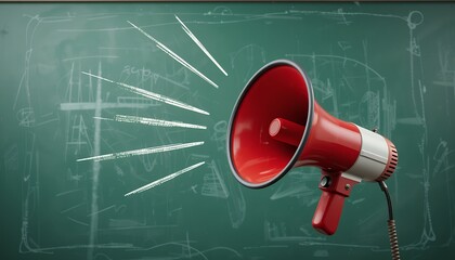 Red megaphone emitting sound waves in front of a chalkboard with abstract drawings and equations