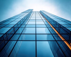 Looking up at a modern glass skyscraper with reflective blue windows under a clear bright sky
