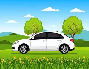 A white car parks peacefully in a grassy landscape with vibrant trees and a clear sky.
