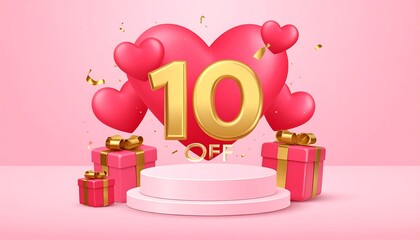 A 3D rendering of a pink display podium with gift boxes, hearts, and a golden ten percent discount offer.