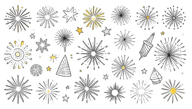 Collection of hand-drawn firework designs in various styles and sizes, displayed against a plain white background.
