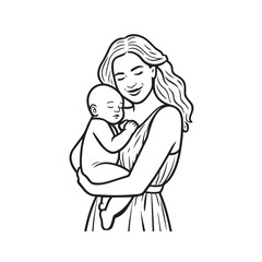 Black and white line art of a beautiful mother lovingly embracing her baby minimalist tender illustration