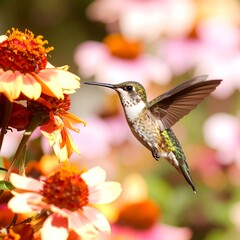 Fototapeta premium Hummingbird in flight, feeding on a flower