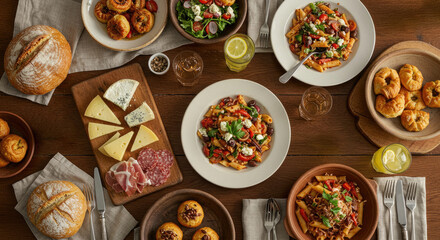 A delicious assortment of foods beautifully arranged on a wooden table