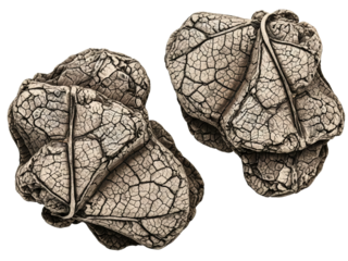 Two dried and crumpled leaves with a cracked earth texture on a transparent background