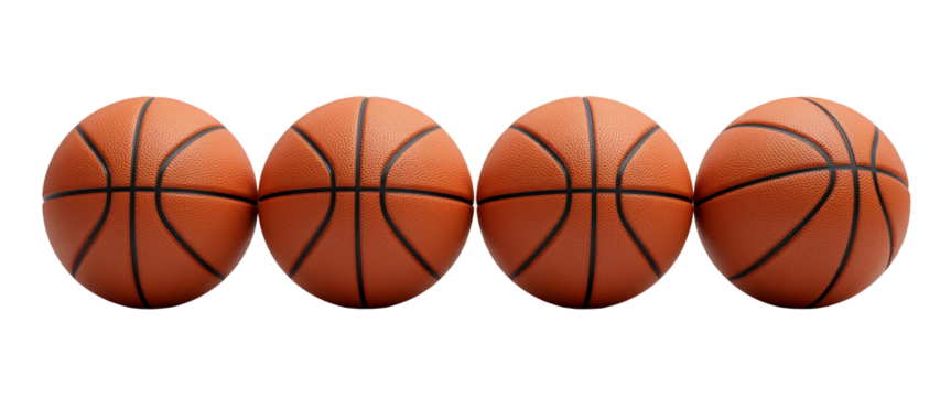 Four identical basketballs neatly aligned on a solid black background emphasizing uniformity and