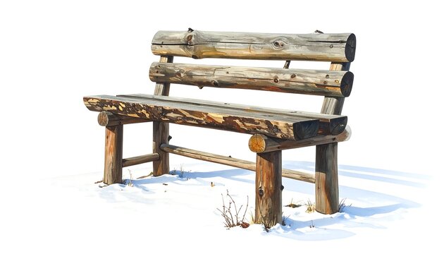Rustic log bench in winter scene
