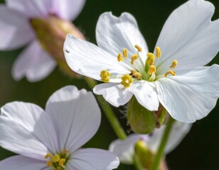 Close-up of delicate white and pale lavender flowers with vibrant yellow stamens, showcasing intricate details of petals and blossoms.