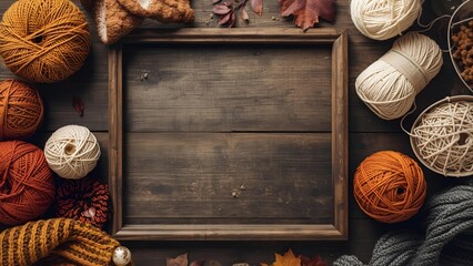 Cozy autumn flat lay frame with balls of yarn in fall colors, white pumpkins, and knitting supplies on a dark rustic wood background. Top view with empty space for text, perfect for hobby themes