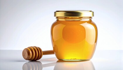 Radiant Amber Honey Jar with Gold Lid and Wooden Dipper on a Reflective White Surface
