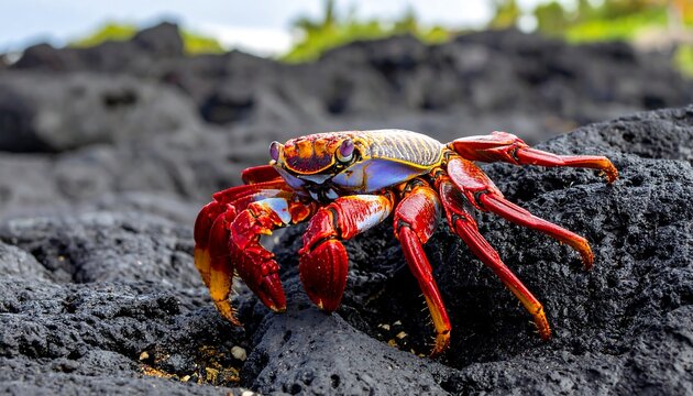 Vibrant red crab perched on dark volcanic rocks, near ocean