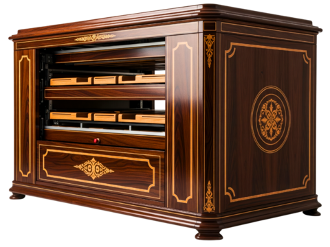 Luxury classic wooden collector cabinet with ornate gold inlay on a transparent background