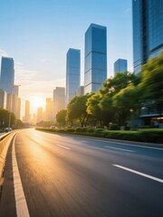 Obraz premium Sunset view of a modern city skyline with tall skyscrapers and a wide road lined with trees