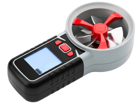 Handheld digital anemometer for measuring wind speed and air flow on a transparent background