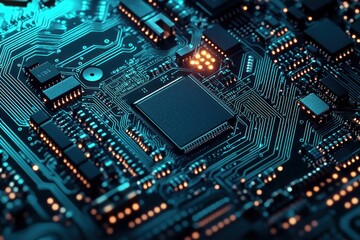 Close-up of a blue printed circuit board with microchips and glowing orange electronic components