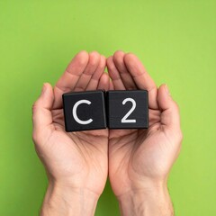 Hands Holding Black Blocks with "C 2" on Green Background