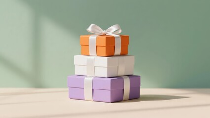 Stacked gift boxes in orange, white, and purple with ribbons on a wooden surface against a green wall