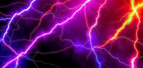 Vibrant, multicolored lightning bolts streak across a dark, abstract background,  streaks,  yellow