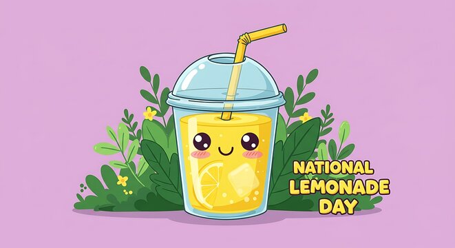 Adorable Kawaii Lemonade Cup with Leaves and "National Lemonade Day" Text