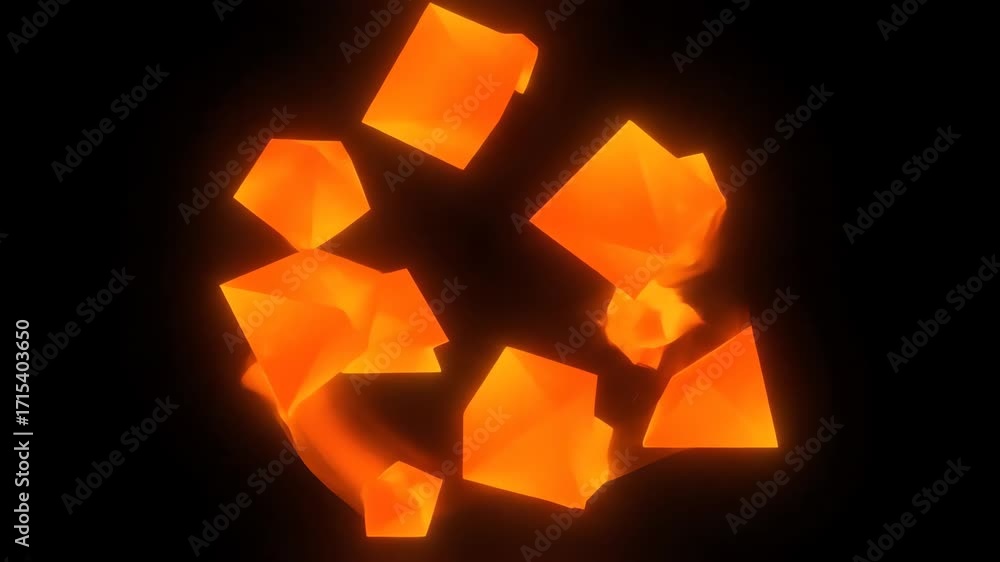 Wall mural abstract geometric shapes of glowing orange and yellow, rotating and evolving in a seamlessly loopin