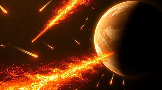 A planet is being bombarded by meteors. The meteors are falling from the sky and creating a fiery trail. The scene is intense and dramatic.