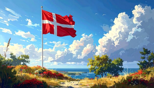 A vibrant landscape showcasing a Danish flag waving proudly over a hill overlooking a tranquil ocean vista.