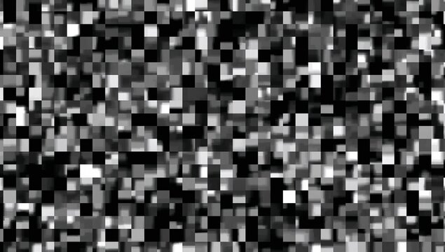 Abstract pixelated grayscale design featuring a chaotic mosaic of squares in various shades of black and white for a digital background