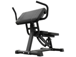 Black adjustable gym bench for isolated bicep curl exercises on a transparent background