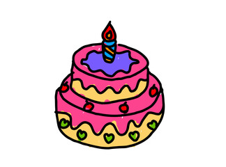 Whimsical Handdrawn Layered Birthday Cake Illustration with Lit Candle Topper