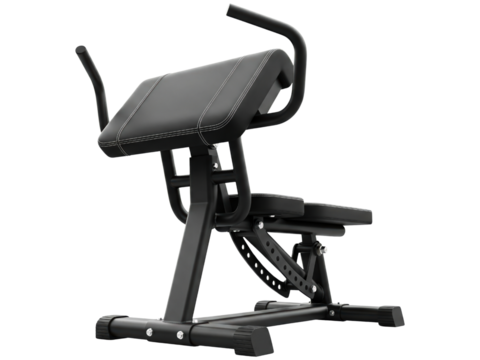 Black adjustable gym bench for isolated bicep curl exercises on a transparent background