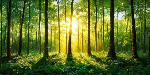 Sunlight streaming through tall green trees in a dense forest casting long shadows and illuminating the lush undergrowth with vibrant green foliage