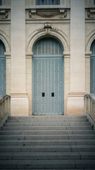 Historic Building Entrance With Blue Door And Stone Stairs