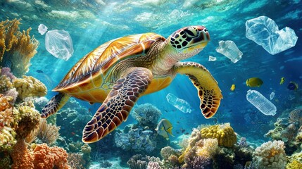 Fototapeta premium Sea turtle plastic pollution