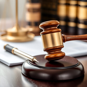 A gavel and pen on a desk ready for legal proceedings.