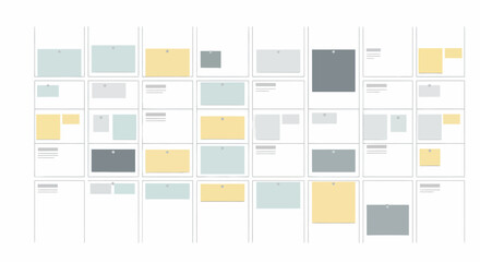 A minimalist illustration of a project management board with a grid layout and colorful sticky notes.