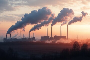 Industrial factory complex emitting thick smoke plumes into the sky during a colorful sunset over a misty landscape with bare trees