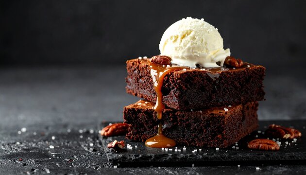 Delicious homemade chocolate brownies on elegant neutral brown background with ice cream