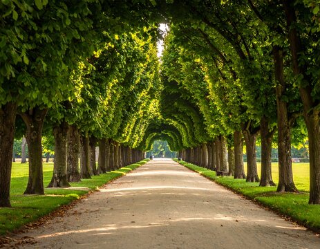 A sun-drenched pathway lined with lush green trees extends into the distance, creating a tranquil and serene atmosphere.