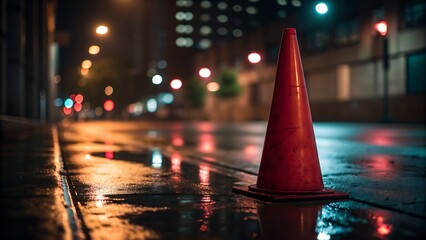 Traffic cone stands out on a rainy city street at night, suitable for road safety or urban infrastructure concepts.