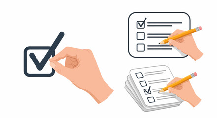 Set of checklist icons with a hand marking a checkbox with a pencil and a checkmark symbol.