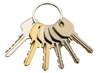 Bunch of assorted silver and gold house keys on a metal ring on a transparent background