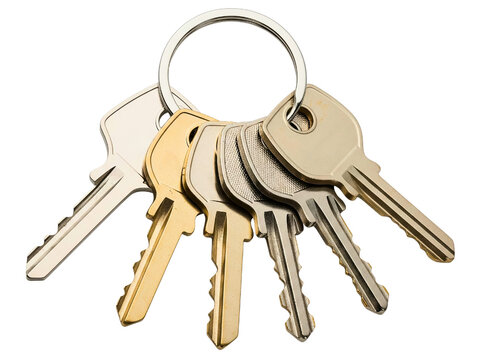 Bunch of assorted silver and gold house keys on a metal ring on a transparent background