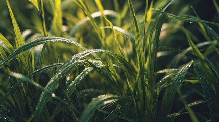 Dewy grass blades close up