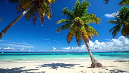 Lush tropical palms cast shadows on a pristine white-sand beach, bathed in vibrant sunshine.