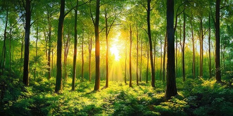 Obraz premium Sunlight streaming through tall green trees in a lush forest with vibrant undergrowth on a bright day