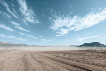Vast barren desert landscape with dusty flat ground under a bright sky filled with scattered white clouds and distant rocky mesas on the horizon